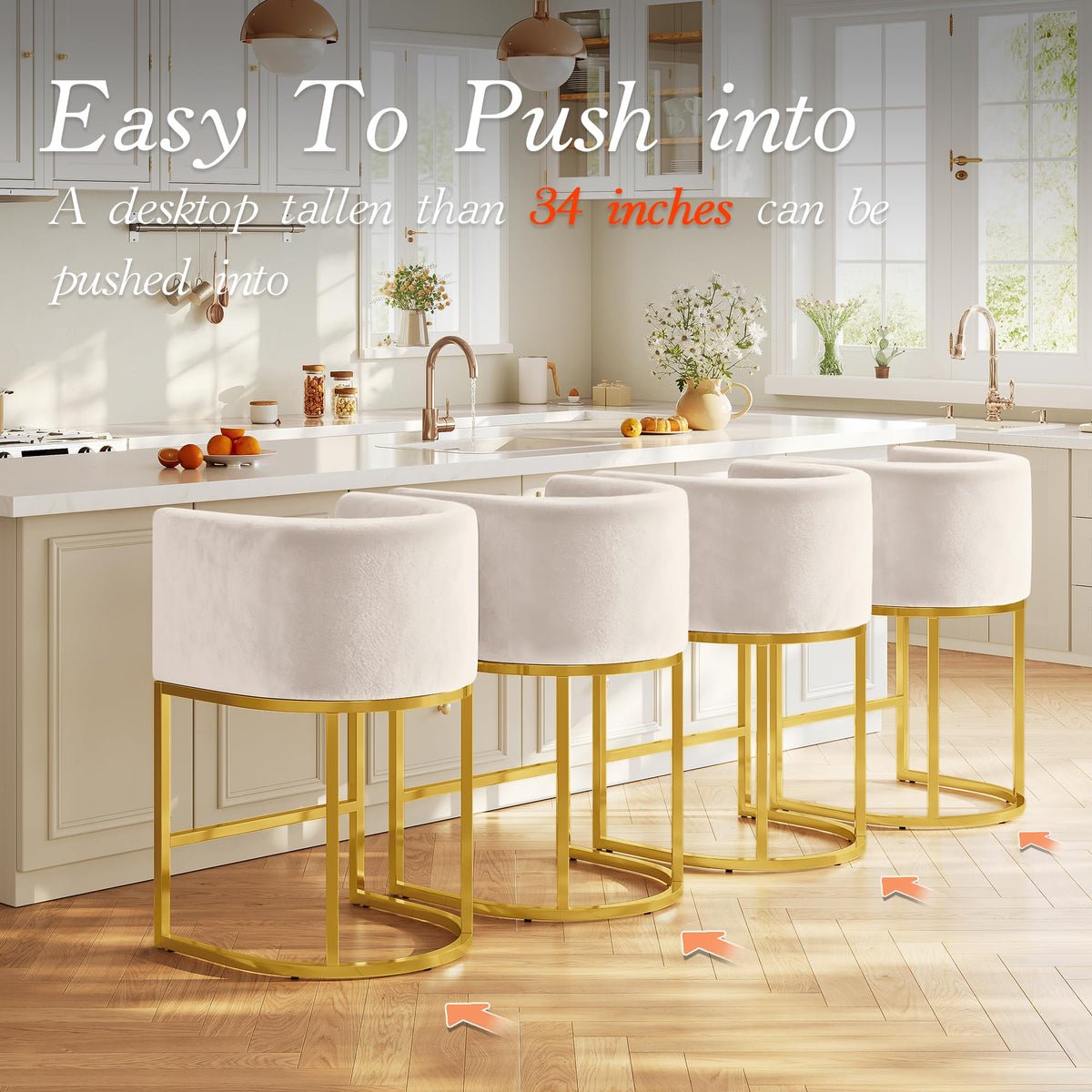 Modern Counter Height Bar Stools,Bar Stools Set of 2,Velvet Fabric Upholstered Barrel Barstools with Backs,26'' Kitchen Island Chairs,Metal Gold Frames,Beige White Velvet