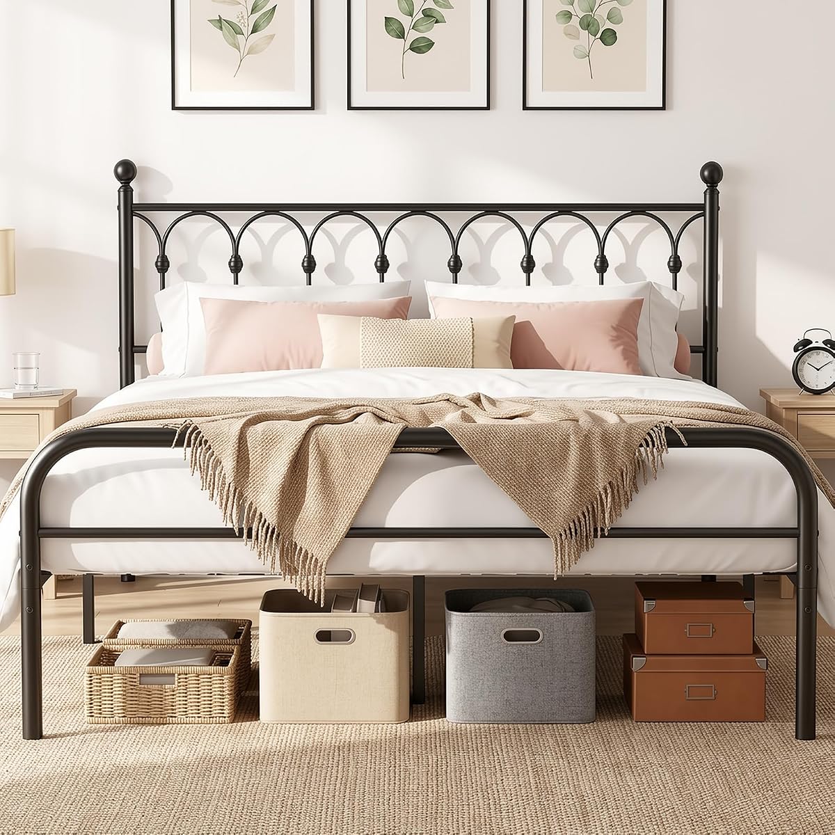 Queen Bed Frame with Headboard, Victorian Metal Platform Bed Frame, Mattress Foundation with Steel Slat Support, Stable & No Noise, Under Foundation Storage, No Box Spring Needed, Easy Assembly