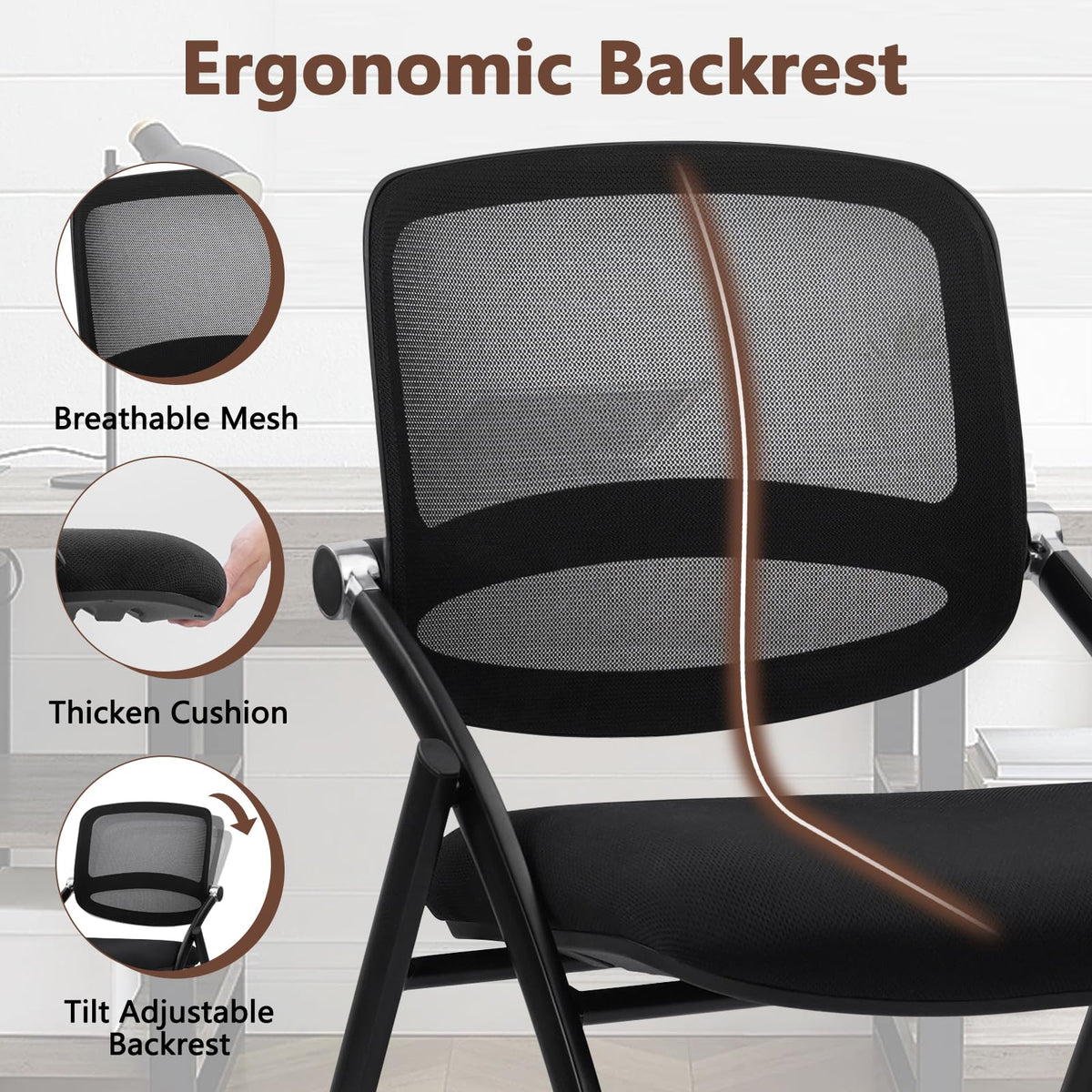2PACK, Stackable & Foldable Chairs with Wheels, Reception Guest Chairs with Lumbar Support, Ergonomic Curved Mesh Back Folding Chair for Office Schools Conference Waiting Room, Black
