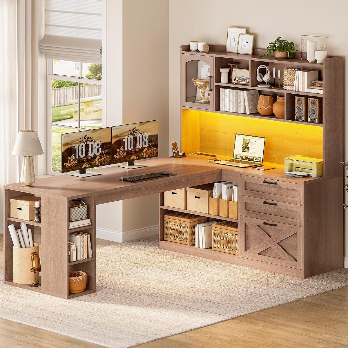 61" L Shaped Office Desk with Drawers and Storage, Light Brown