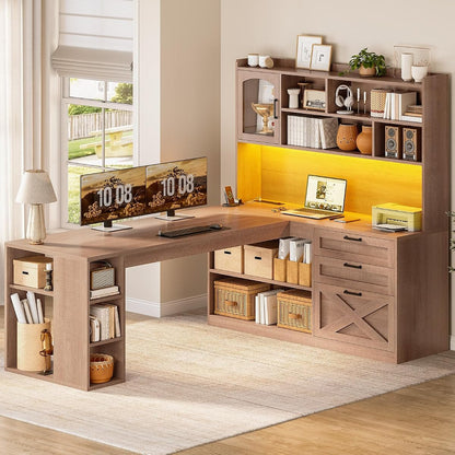 61" L Shaped Office Desk with Drawers and Storage, Light Brown
