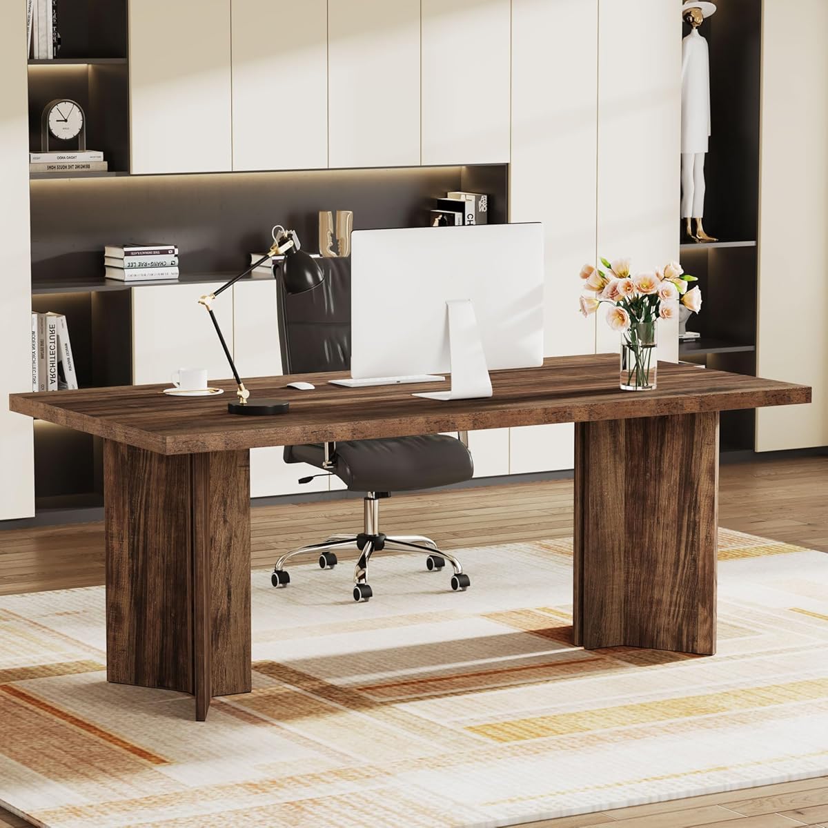 Tribesigns 63-inch Executive Desk, Vintage Office Computer Desk with Large Tabletop, Farmhouse Wood Writing Conference Table Workstation for Home Office, Study, Dark Brown