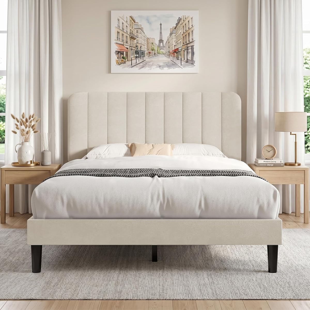 Queen Size Bed Frame with Upholstered Headboard, Velvet Platform Bedframe Mattress Foundation, Strong Wood Slat Support, No Box Spring Needed,Bone Beige