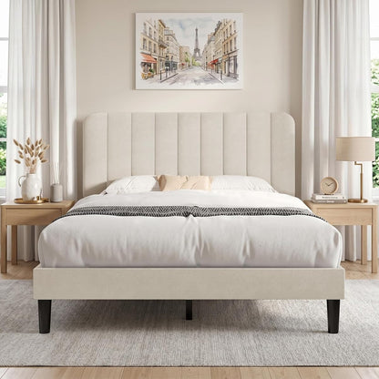 Queen Size Bed Frame with Upholstered Headboard, Velvet Platform Bedframe Mattress Foundation, Strong Wood Slat Support, No Box Spring Needed,Bone Beige