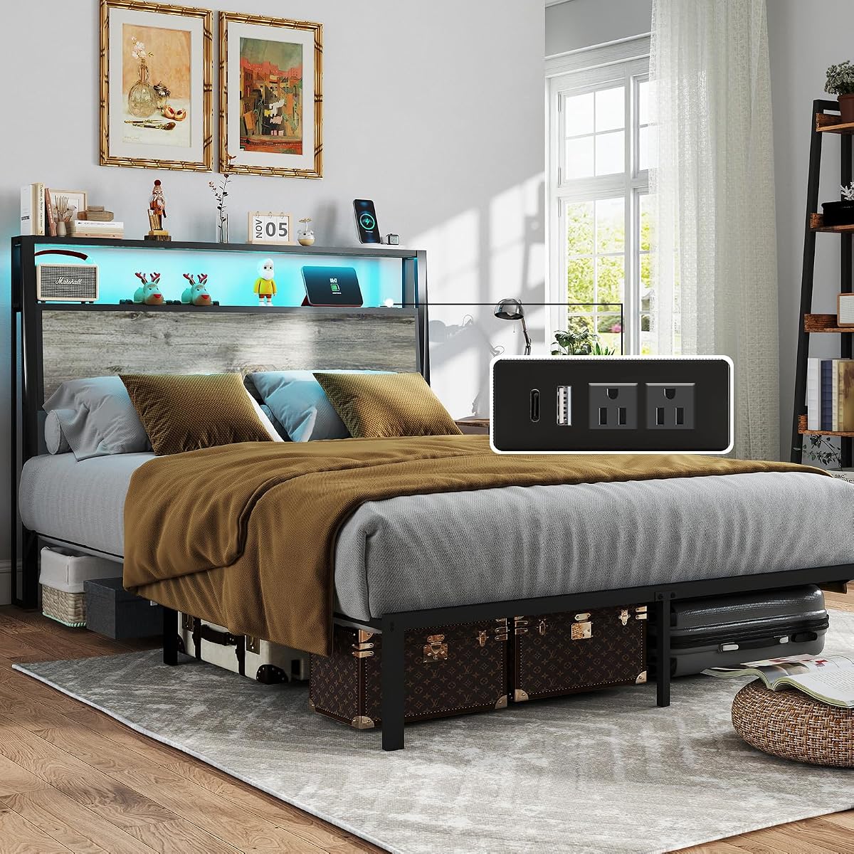 Queen Size Bed Frame with 2-Tier Storage Headboard, Rustic Grey | Wooden headboard with LED lights, built-in charging station, No Box Spring Needed, Noise Free, Easy Assembly, Modern Bedroom
