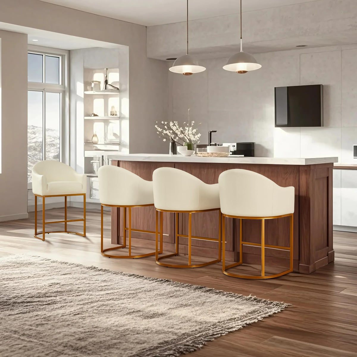 Counter Height Bar Stools Set of 2,Modern Counter Height Bar Stools,PU Leather Upholstered Barrel Barstools with Backs,26'' Kitchen Island Chairs,Metal Gold Frames,Beige White Leather