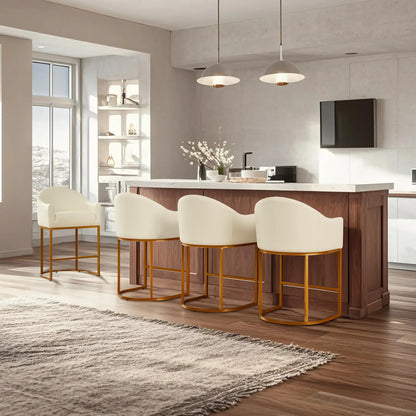 Counter Height Bar Stools Set of 2,Modern Counter Height Bar Stools,PU Leather Upholstered Barrel Barstools with Backs,26'' Kitchen Island Chairs,Metal Gold Frames,Beige White Leather