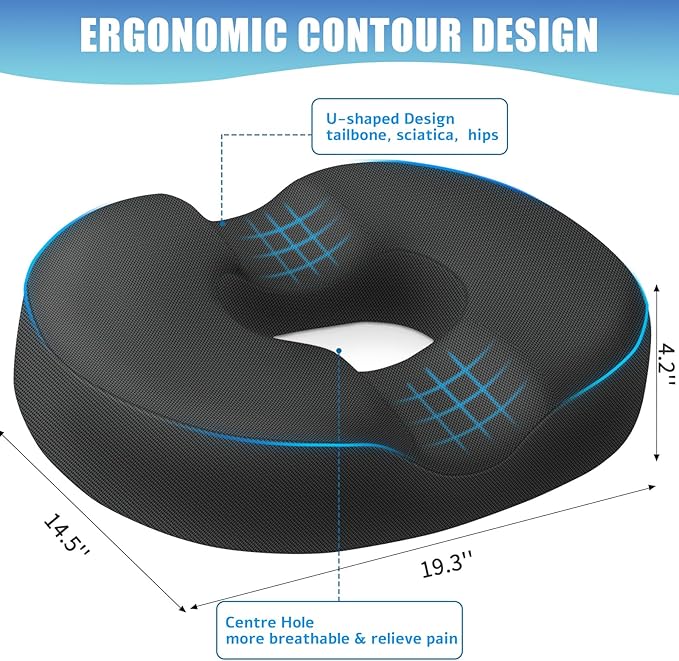 BlissTrends Donut Pillow Seat Cushion, Donut Chair Cushions for Postpartum Pregnancy&Hemorrhoids, Tailbone Pain Relief Cushion, Memory Foam Lifting Cushions for Office & Home Chairs (Black, XX-Large)