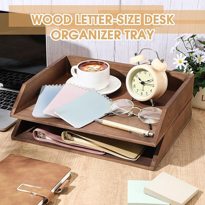 Beeveer 2 Pcs Wooden Letter Trays Wood Letter-Size Desk Organizer Heavy Duty 2 Tier Stackable Supports Paper Tray Desktop Drawer Organizer File Folder Magazine Office Accessories(Dark Wood)