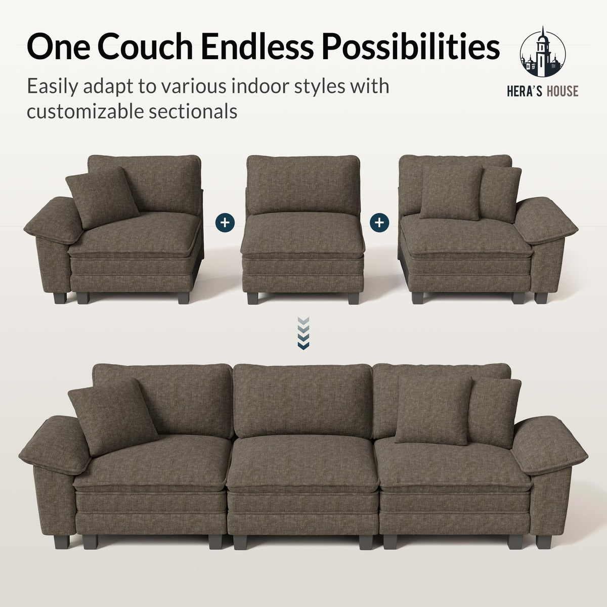 158" Modular Sectional Sofa, Oversized Couches for Living Room, Comfy Cloud Couch 4-Seater Deep Seat Sofa with Throw Pillow, Chenille Ash