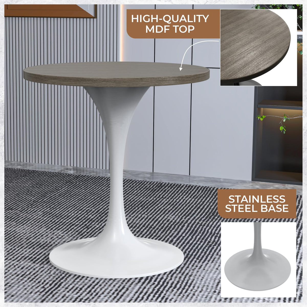 Mid-Century Modern 27 Inch Round Dining Table, MDF Wood Tabletop with White Steel Pedestal Base, Contemporary Kitchen & Dining Room Table, Small Space Breakfast Table, Dark Maple