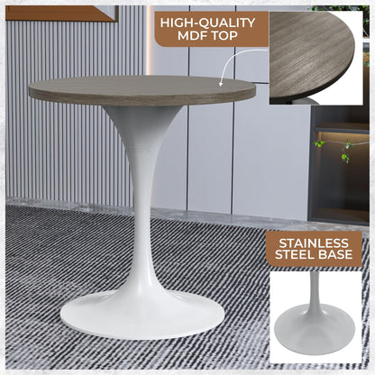Mid-Century Modern 27 Inch Round Dining Table, MDF Wood Tabletop with White Steel Pedestal Base, Contemporary Kitchen & Dining Room Table, Small Space Breakfast Table, Dark Maple