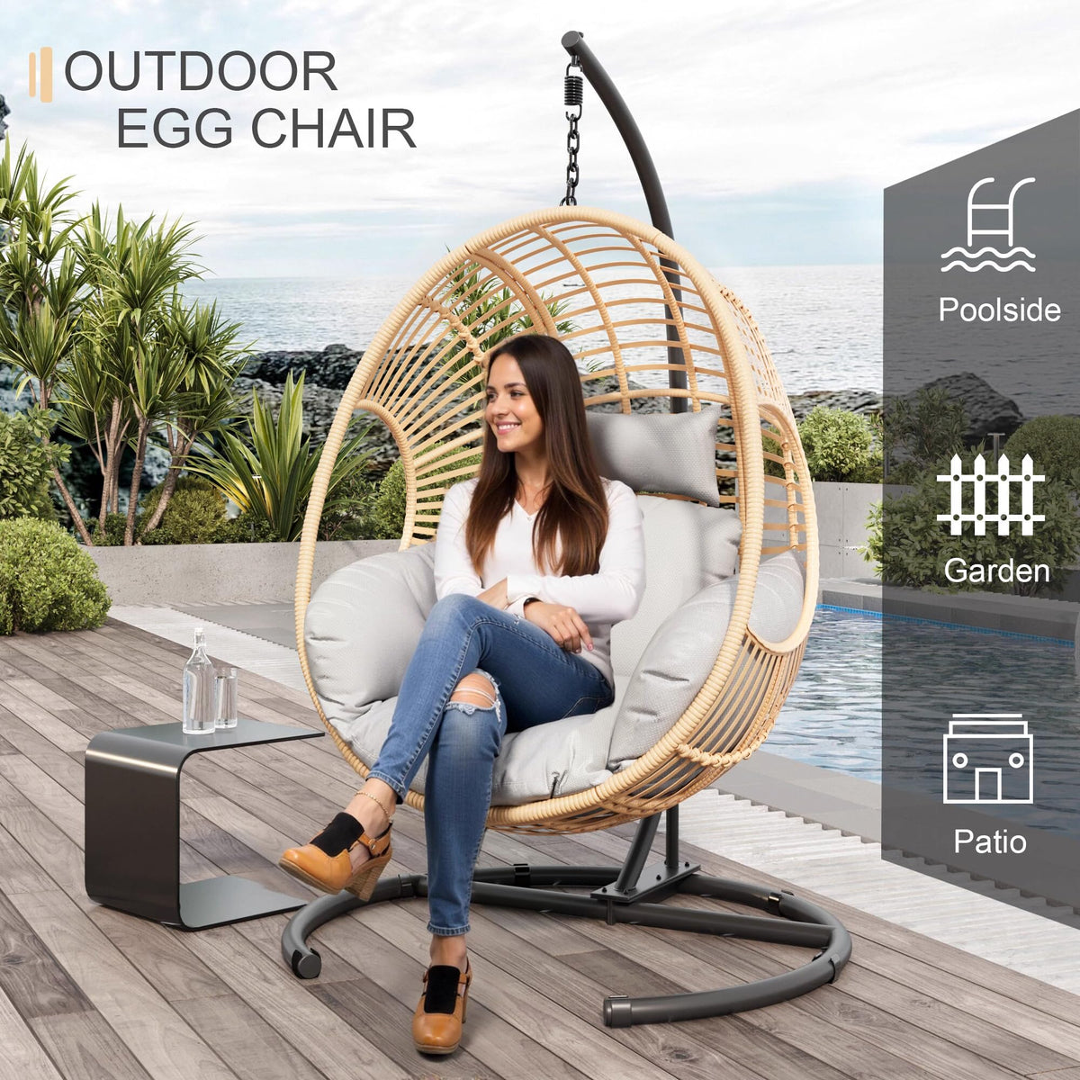 Oversized Hanging Egg Chair Outdoor Indoor, Wicker Swing Egg Chair with Stand 400lbs Capacity for Bedroom, Patio, Garden and Balcony (Beige-Regular, Oversize)