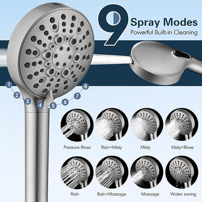 BRIGHT SHOWERS Filtered Shower Head with Handheld, High Pressure 9 Spray Mode Showerhead with Long Hose and Bracket, Water Softener Filters Beads for Hard Water - Removes Chlorine, Brushed Nickel
