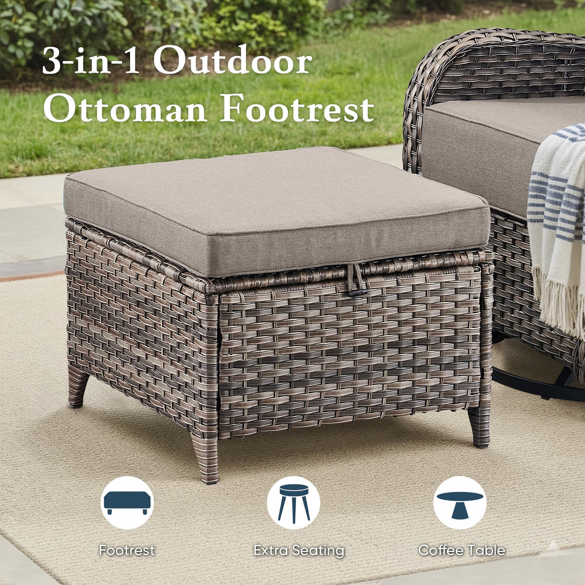 Luxury 6" Thick Cushioned 10 Pieces Patio Furniture Set with Fire Pit Table, Wicker Outdoor Conversation Set with High Back Swivel Rocker Chairs for Deck Porch Yard and Poolside - Grey+Grey
