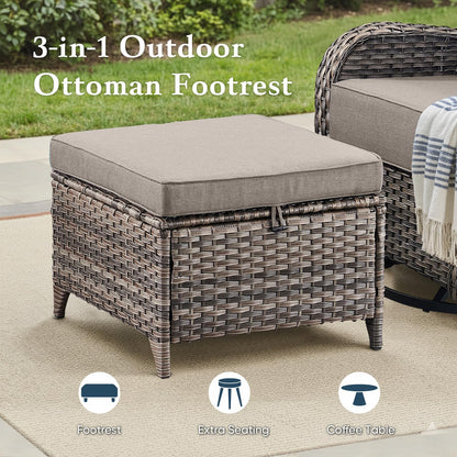 Luxury 6" Thick Cushioned 10 Pieces Patio Furniture Set with Fire Pit Table, Wicker Outdoor Conversation Set with High Back Swivel Rocker Chairs for Deck Porch Yard and Poolside - Grey+Grey