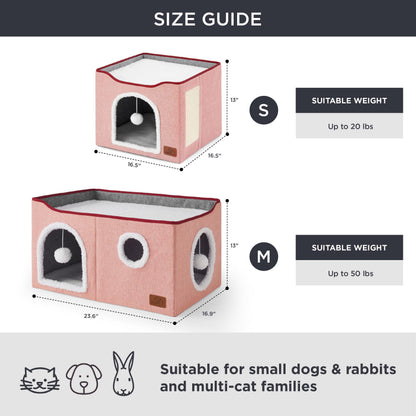 Large Cat Beds for Indoor Cats - Extra Wide Cat Cube House for Small Pet with Fluffy Ball Hanging and Scratch Pad, Foldable Pet Cave Hideaway for Multiple Cats, 23.6x16.9x13 inches,Pink