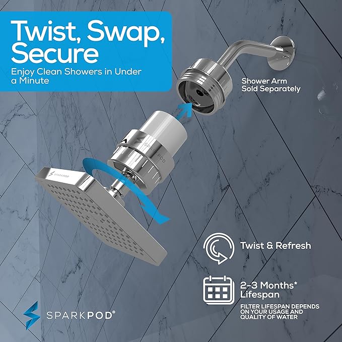 SparkPod Luxury Filtered Shower Head Set 23 Stage Shower Filter - Reduces Chlorine and Heavy Metals - High Pressure Showerhead Filter (6" Square, Luxury Polished Chrome)