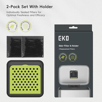 EKO Activated Charcoal Odor Filter Kit – 2-Pack Strong Odor Absorber and Deodorizer with Filter Case for Trash Cans