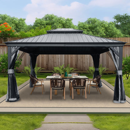 12' x 14' Hardtop Gazebo, Aluminum Frame with Galvanized Steel Double Roof, Outdoor Permanent Pavilion with Curtains and Netting for Patio, Backyard, Deck, Lawn (Gray)