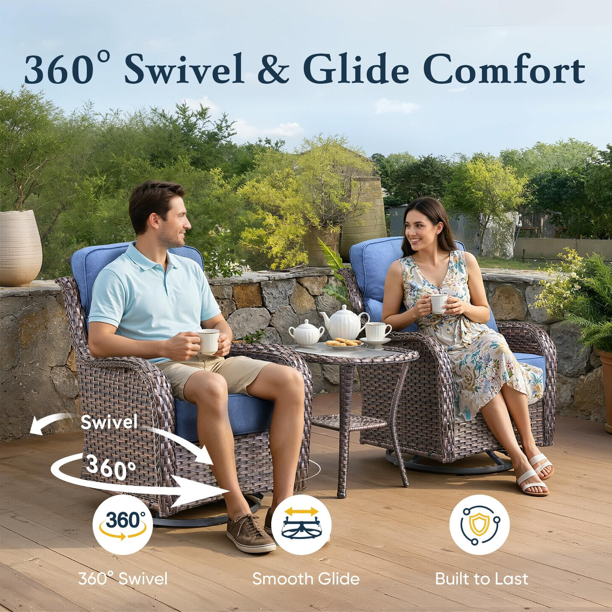 Luxury 6" Thick Cushioned 5 Pieces Patio Furniture Set with Fire Pit Table, Wicker Outdoor Conversation Set with High Back Swivel Rocker Chairs for Deck Porch Yard and Poolside - Brown+Blue