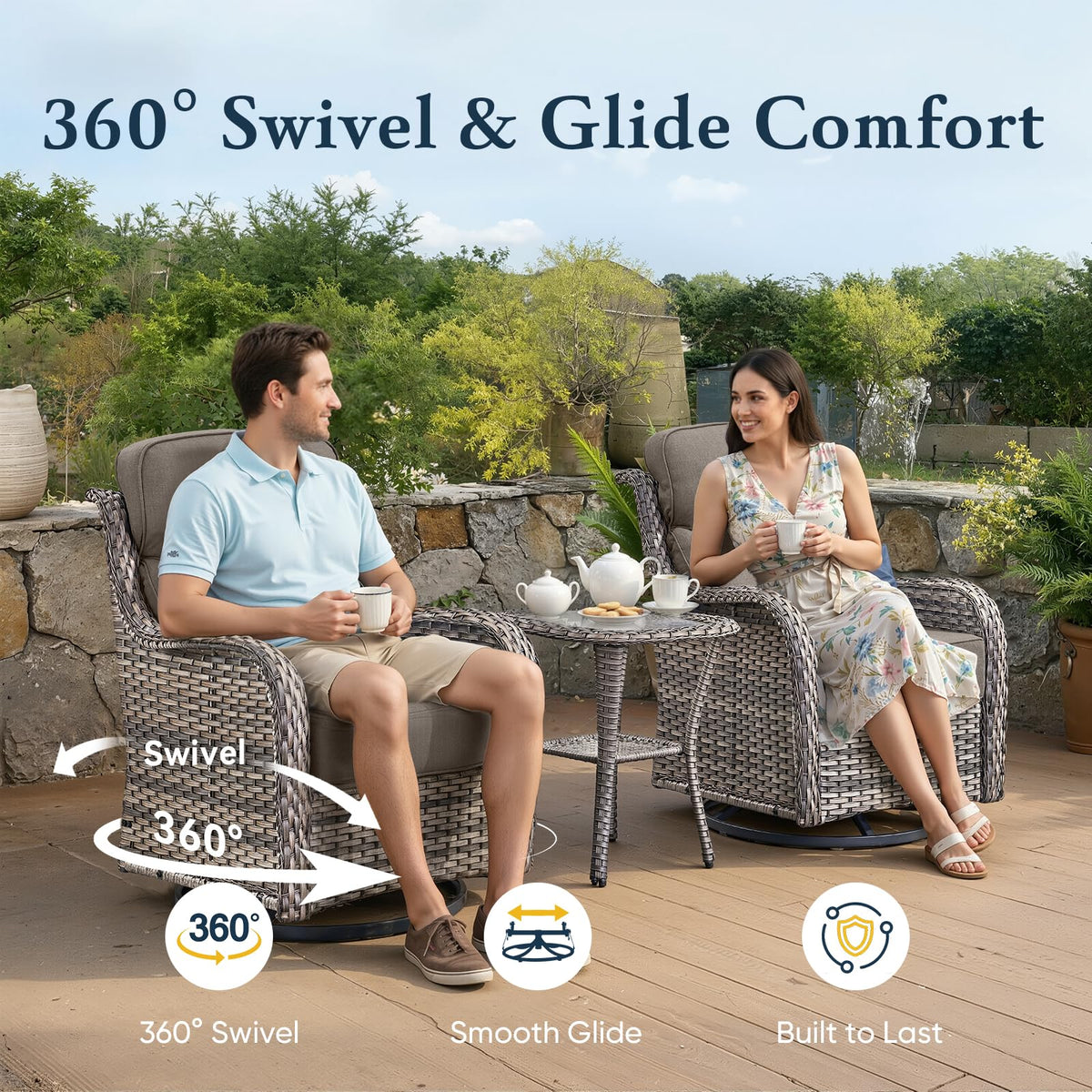 Luxury 6" Thick Cushioned 10 Pieces Patio Furniture Set with Fire Pit Table, Wicker Outdoor Conversation Set with High Back Swivel Rocker Chairs for Deck Porch Yard and Poolside - Grey+Grey