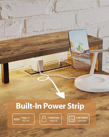 Electric Height Adjustable Standing Desk with Power Outlet and LED Light Strip, Sit to Stand, Ergonomic 48x24" Rising Desk with Memory Presets, Home Office Workstation, Computer Gaming Table, Brown