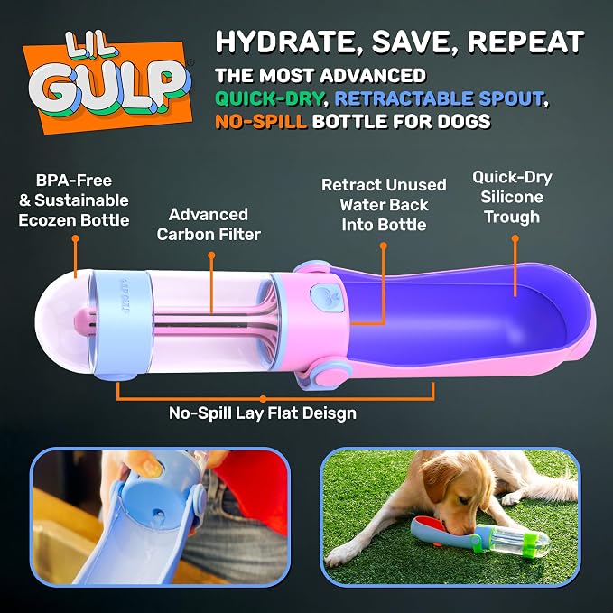 Lil Gulp Dog Water Bottle 15 Fl oz Filtered Portable Travel Bottle (Blue) | Advanced Carbon Filtration for Safe Filtered Water on the Go, BPA-Free, Leak-Proof, Retractable Spout, Walks, Hiking, Camping