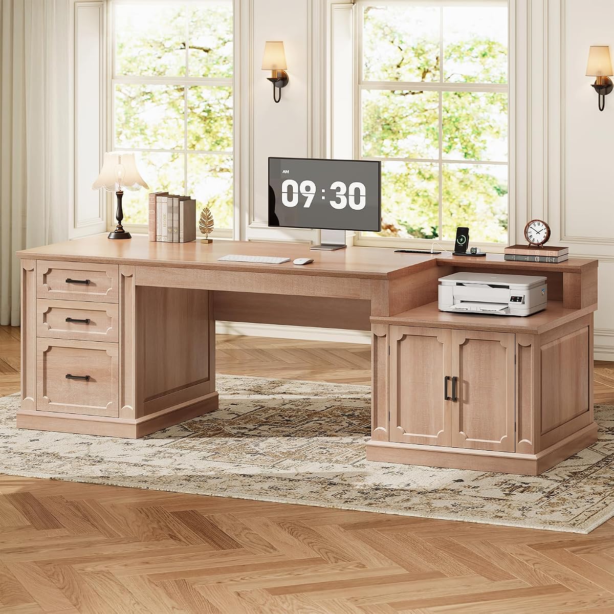 Farmhouse 70.9" Executive Desk, Home Office Desk with File Drawers and Storage Cabinet, Computer Desk with Power Outlet for Home Office, Work Study Writing, Oak