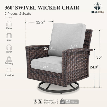 High Back Outdoor Swivel Chairs with 5.5" Thick Cushions, Wicker Rattan Patio Chairs Set of 2, Porch Deck Balcony Backyard Furniture, Grey