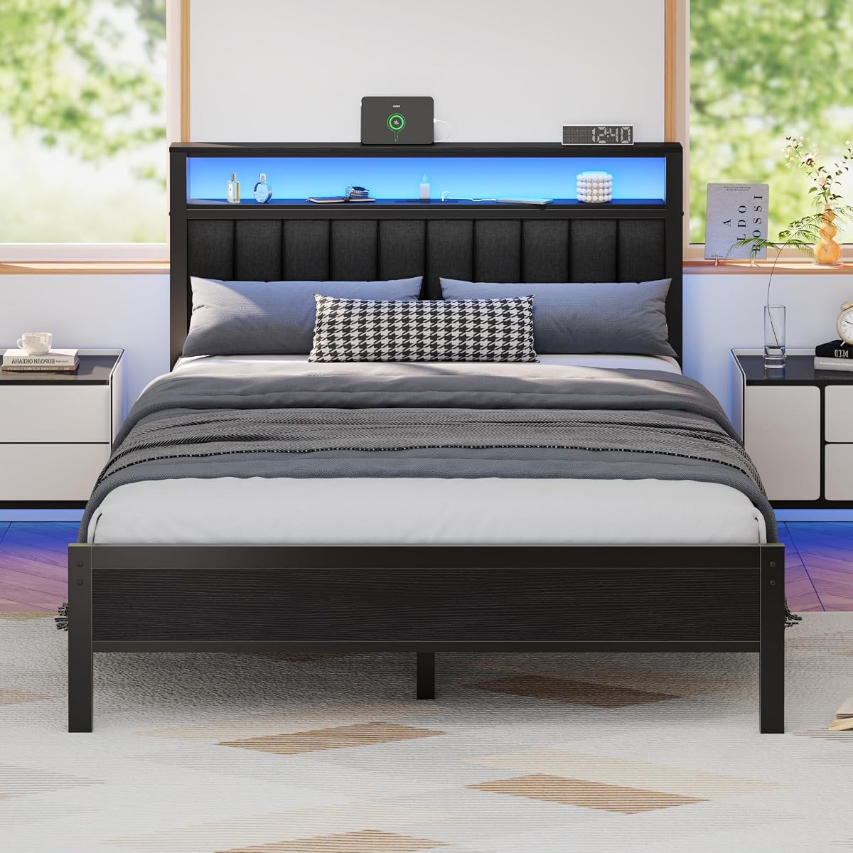 Queen Size Bed Frame with Charging Station and LED Lights