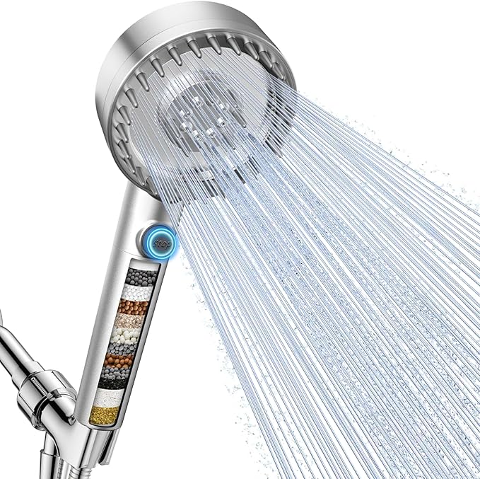 PWERAN Filtered Shower Head with Handheld, High Pressure 4 Spray Mode Showerhead with Filters, Water Softener Beads for Hard Water with ON/OFF Switch for Pets - Remove Chlorine (Silver, 5 inch Panel)