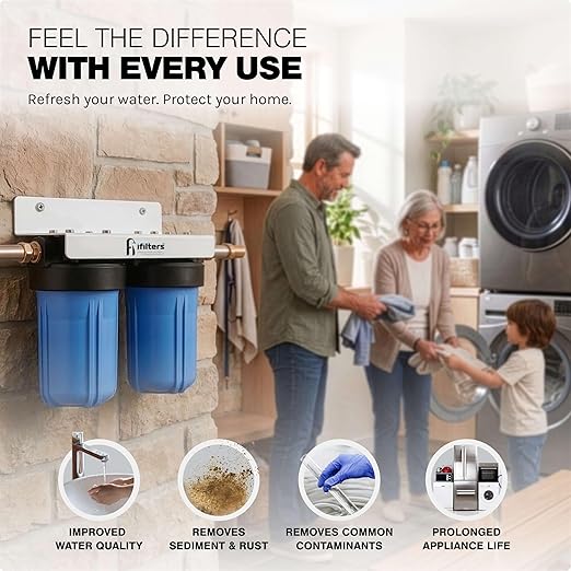 iFilters Whole House Filtration System Complete Dual Stage Sediment Chlorine Taste Odor VOC's, 1" Ports, Multicolor