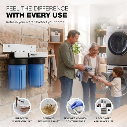 iFilters Whole House Filtration System Complete Dual Stage Sediment Chlorine Taste Odor VOC's, 1" Ports, Multicolor