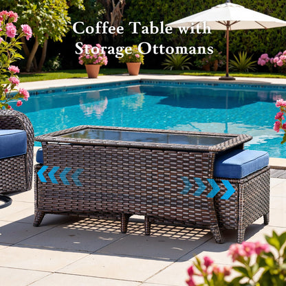 Luxury 6" Thick Cushioned 7 Pieces Patio Furniture Set with Outdoor Couch, Wicker Outdoor Conversation Set with High Back Swivel Rocker Chairs for Deck Porch Yard and Poolside - Brown+Blue