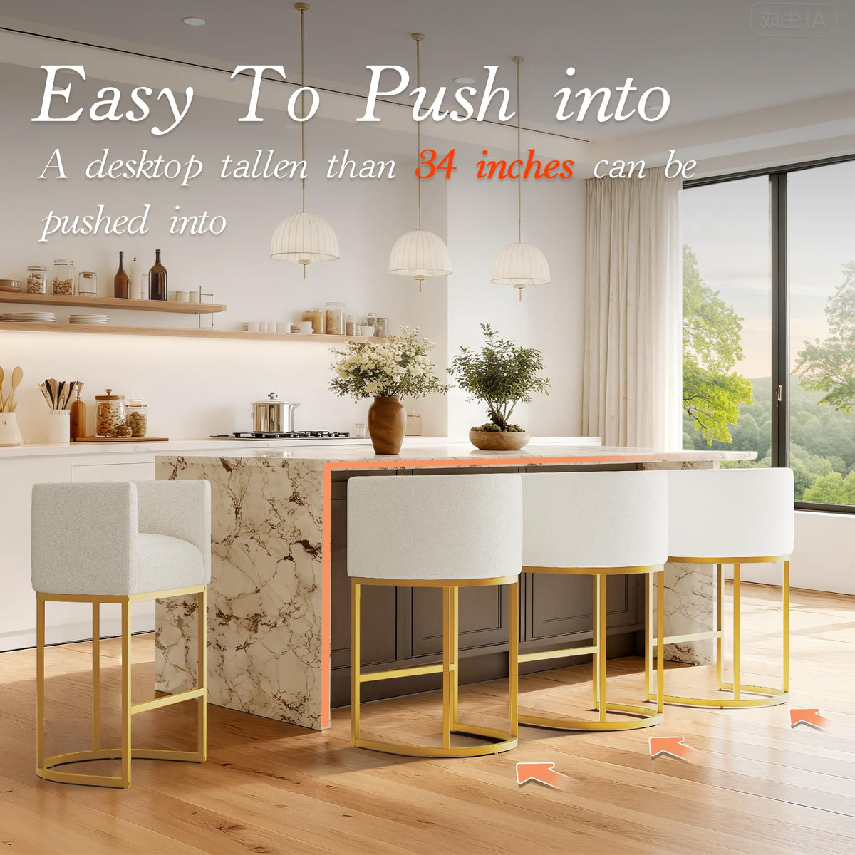 Modern Counter Height Bar Stools,Bar Stools Set of 3,Fabric Upholstered Barrel Barstools with Backs,26'' Kitchen Island Chairs,Metal Gold Frames,Off White Linen