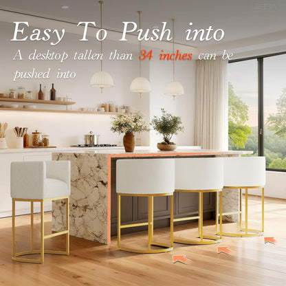 Modern Counter Height Bar Stools,Bar Stools Set of 3,Fabric Upholstered Barrel Barstools with Backs,26'' Kitchen Island Chairs,Metal Gold Frames,Off White Linen