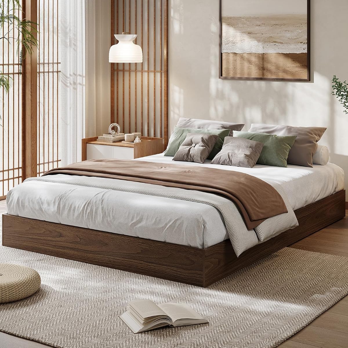 Queen Platform Bed Frame, No Headboard, Walnut Engineered Wood