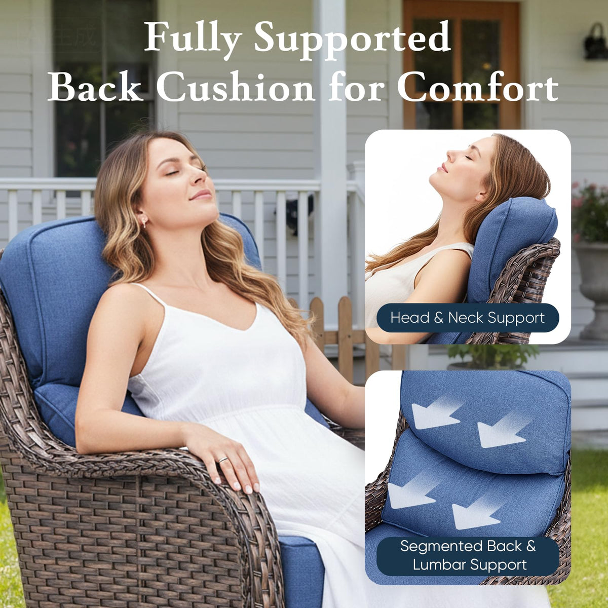 Luxury 6" Thick Cushioned 5 Pieces Patio Furniture Set with Fire Pit Table, Wicker Outdoor Conversation Set with High Back Swivel Rocker Chairs for Deck Porch Yard and Poolside - Brown+Blue