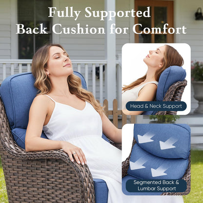 Luxury 6" Thick Cushioned 5 Pieces Patio Furniture Set with Fire Pit Table, Wicker Outdoor Conversation Set with High Back Swivel Rocker Chairs for Deck Porch Yard and Poolside - Brown+Blue