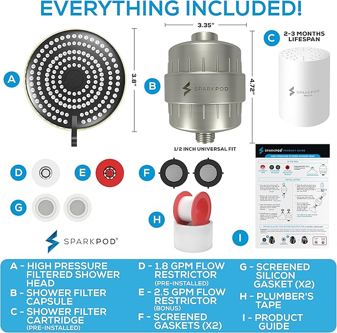 SparkPod 23-Stage Filtered Shower Head with 3 Spray Settings - High Pressure Shower Head with Filters for Dry Hair and Skin - Showerhead with Filter Reduces Chlorine & Heavy Metals (Brushed Nickel)