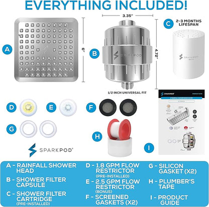 SparkPod Luxury Filtered Shower Head Set 23 Stage Shower Filter - Reduces Chlorine and Heavy Metals - High Pressure Showerhead Filter (6" Square, Luxury Polished Chrome)
