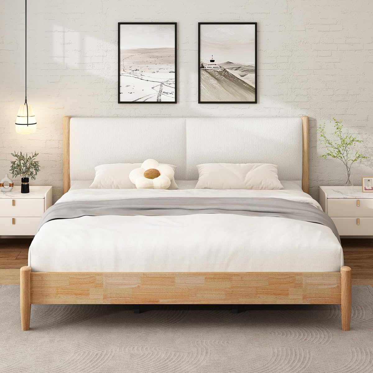 Raven Modern California King Size Bed Frame with Upholstered Headboard, Natural Wood California King Size Platform Bed Frame, No Box Spring Needed, Easy Assembly, White+Natural