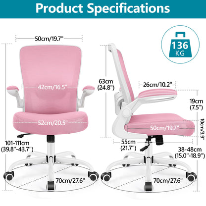 Office Chair, Ergonomic Desk Chair Breathable Mesh Chairs Adjustable High Back Lumbar Support Flip-up Armrests, Executive Rolling Swivel Comfy Computer Chairs Home Office Pink