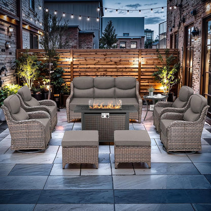 Luxury High Back Outdoor Furniture with 6-inch Extra Thick Cushions, Patio Furniture Set with Fire Pit Table & Swivel Chairs, 9 PCS Wicker Conversation Set for Yard, Deck, Poolside, Brown/Grey