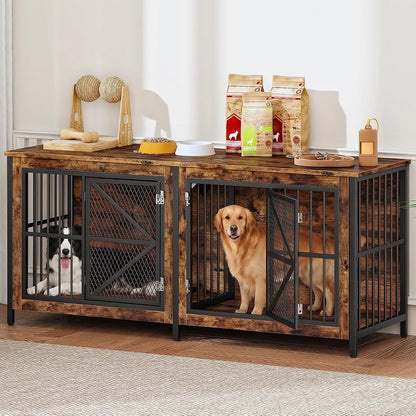 71 Inch Double Dog Crate Furniture for 2 Dogs, Wooden Dog Crate End Table for Medium/Large Dogs, Dog Kennel Furniture with Divider & Double Metal Doors, Rustic Brown and Black TGW02BF