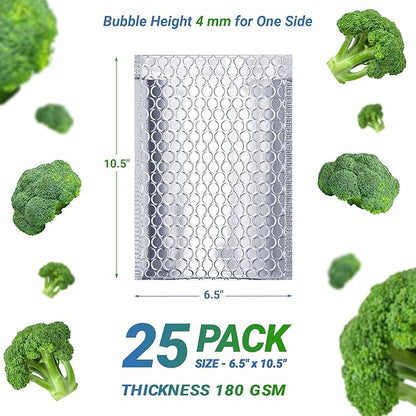 Amiff Silver Thermal Bubble Mailer, 6.5 x 10.5 Inches. 25 Pack Metallic Bubble Mailers. Self-Seal Insulated Mailers for Cold Shipping. Padded Envelopes Waterproof. Thermal Bag for Food, Cosmetics