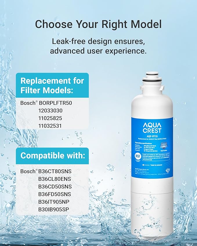AQUA CREST 12033030 Replacement for Bosch® UltraClarity® Pro BORPLFTR50, 11032531 Refrigerator Water Filter, Compatible with 11025825, BORPLFTR55, B36CD50, B22CS50, B36FD50SNS, B36CT80SNS, 3 Filters