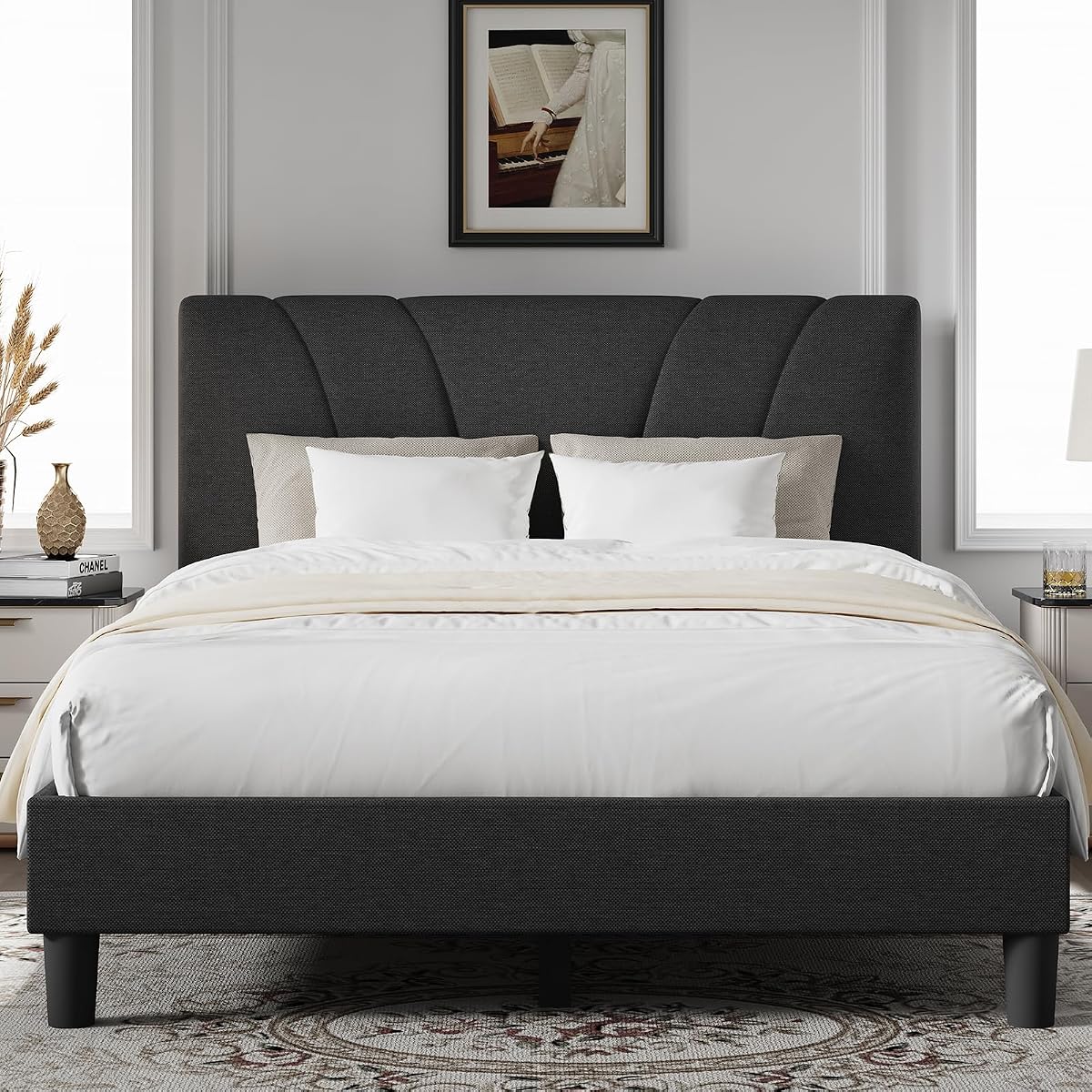 Queen Bed Frame with Headboard, Bed Frame Queen Size with Wood Slats Support,Linen Upholstered Adjustable Headboard, No Box Spring Needed, Heavy Duty Feet, Easy Assembly, Dark Grey