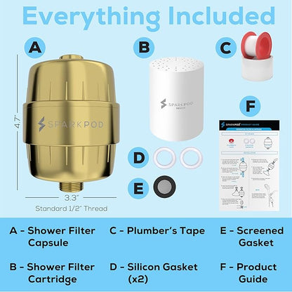 SparkPod 23 Stage Shower Head Filter for Dry Hair and Skin - High Output Universal Shower Filters to Remove Toxic Chemicals, Chlorine & Heavy Metals (Egyptian Gold)